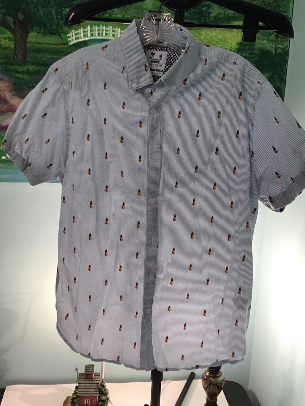Light Blue Striped Short-Sleeve Button-Down Shirt with Pineapple Print